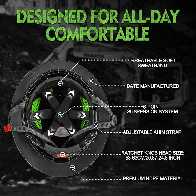 GREEN DEVIL Matrix Full Brim Hard Hat with Headlight Vented Construction Safety Helmet OSHA Approved Cascos De Construccion Work Hardhat for Men&Women-StrideForce Fitness