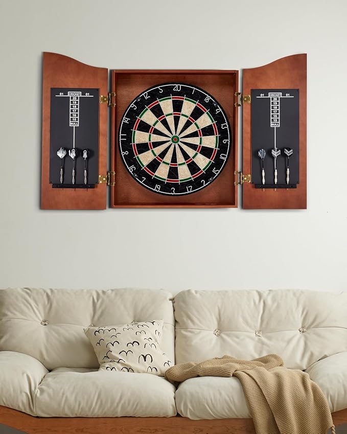 Sisal Dart Board Cabinet Sets, Decorative Dart Boards for Adults [6*Steel Darts] - Wooden Dartboard Cabinet with Integrated Scoreboard for Family Game Rooms-StrideForce Fitness
