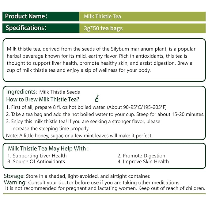 Samcci - Milk Thistle Tea Bags, 50 Teabags, 3g/bag - 100% Natural Milk Thistle Seeds Support Liver Herbal Tea, Caffeine Free - No Additives - No Sugar - Non-GMO - No Gluten-StrideForce Fitness