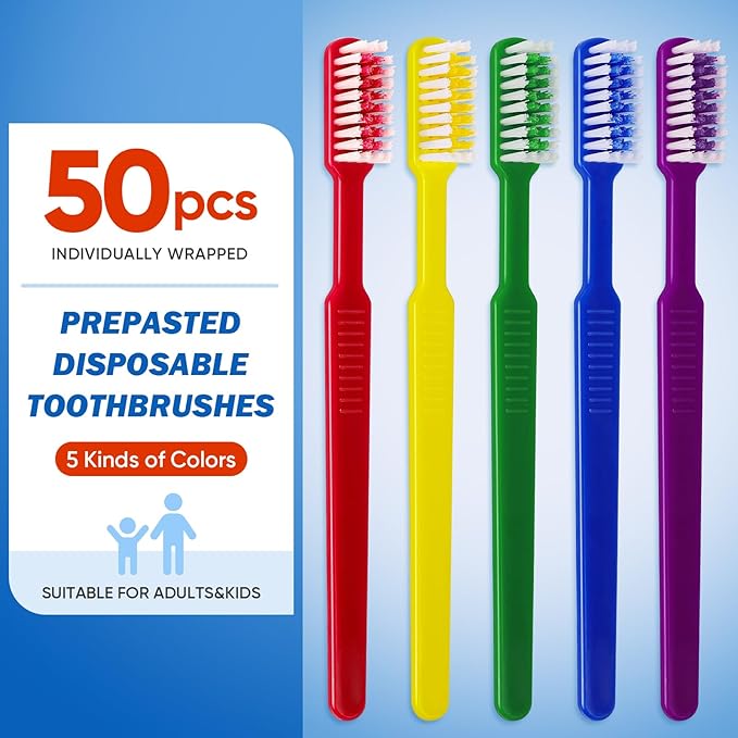 Navona 50 PCS Prepasted Disposable Toothbrushes with Toothpaste, Premium Bulk Toothbrushes Individually Wrapped, Single Use Bulk Toothbrush for Travel, Guests, Hotel, Camping