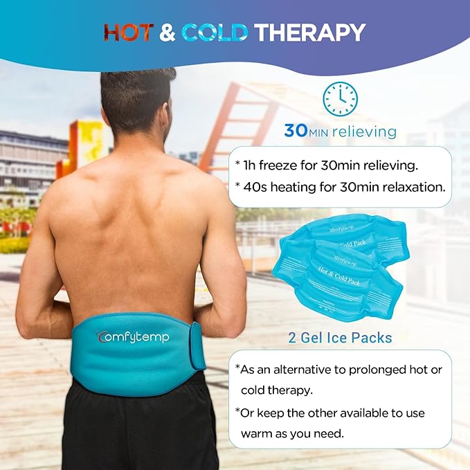 Comfytemp Ice Pack for Back Pain Relief, 2 Packs, FSA Eligible, Reusable Gel Lower Back Wrap Ice Brace for Sciatica Injuries, Hot Cold Compression for Lower Lumbar, Waist, Men Women After Surgery Gift-StrideForce Fitness