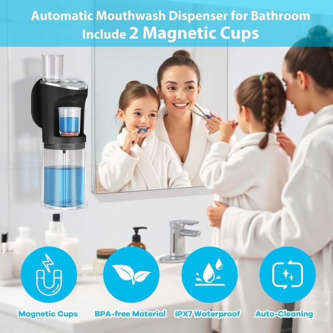 Automatic Mouthwash Dispenser for Bathroom, 2500mAh Electric Touchless Black Mouthwash Dispenser with Magnetic Cups, 20 Oz Wall Mounted/Countertop Mouthwashs Dispensers for Kids & Adults