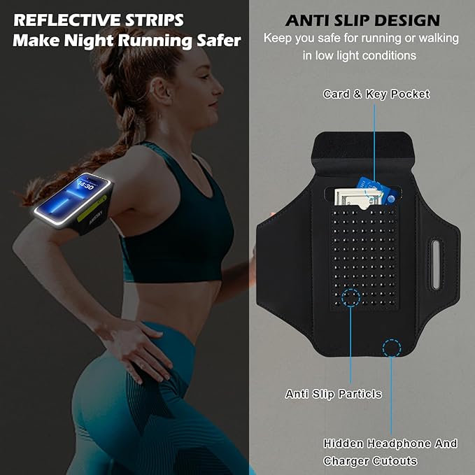 Cell Phone Running Armband with Zipper Pocket Armband Case Running Holder for iPhone 16 Pro Max/15/14 Pro Max/13/12 /11 Pro Max/XS/XR,Galaxy S20 S10,Sweatproof Arm Band with Card/Key Bag-StrideForce Fitness
