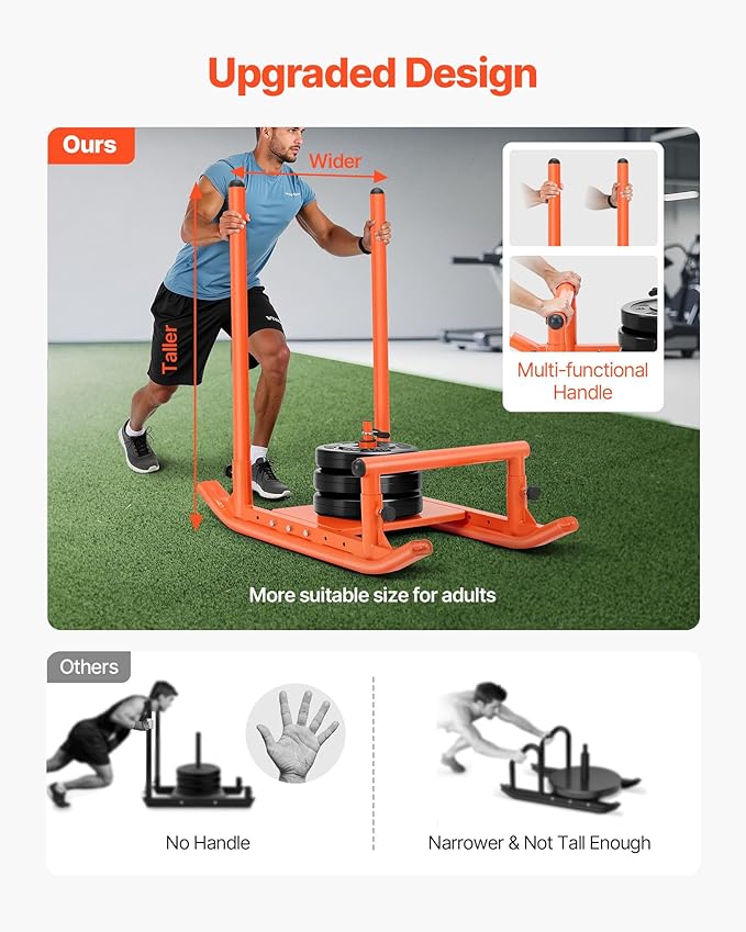 VEVOR Weight Sled, Steel Power Sled, Fitness Strength Training Sleds for Athletic Exercise Speed Improvement, Workout Fitness Equipment with Handle, Compatible with 1/2 in Weight Plates, Orange-StrideForce Fitness