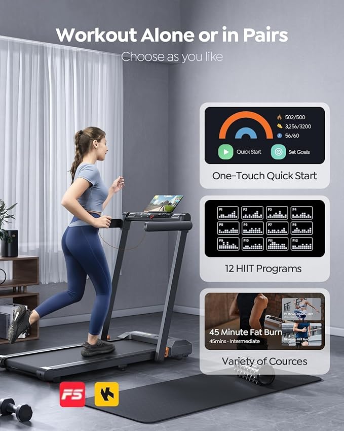 2 in 1 Folding Treadmills for Home Small Office, 2.5HP Walking Pad Treadmill with Handle Bar, 300lbs Capacity, Copmact Protable Treadmill with Smart APPs, 12 HIIT Modes and Touch Screen-StrideForce Fitness