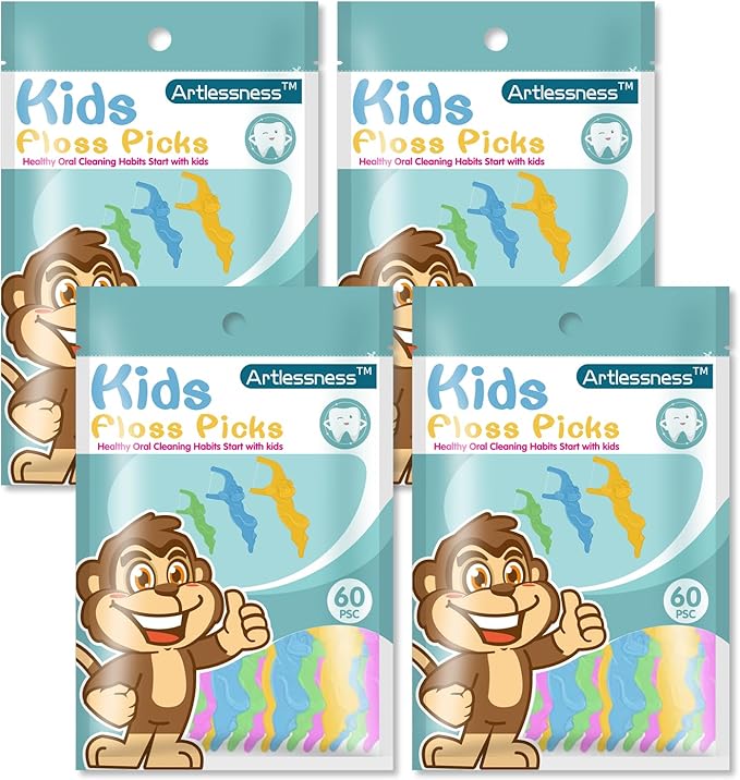 Floss Picks, Children's Floss Sticks, Fun Flossing Sticks for Kids，Fluoride Free, BPA Free, Odorless, 60 Sticks per Pack, 4 Packs = 240 Sticks