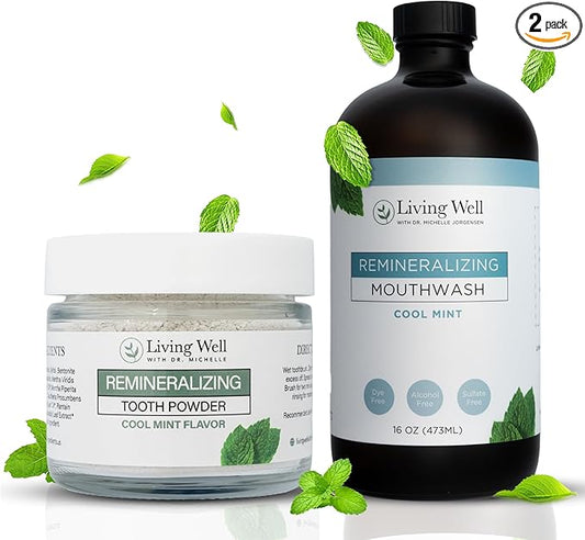 Living Well with Dr. Michelle Tooth Remineralization Bundle | Hydroxyapatite Tooth Powder & Mouthwash | Cool Mint Flavor