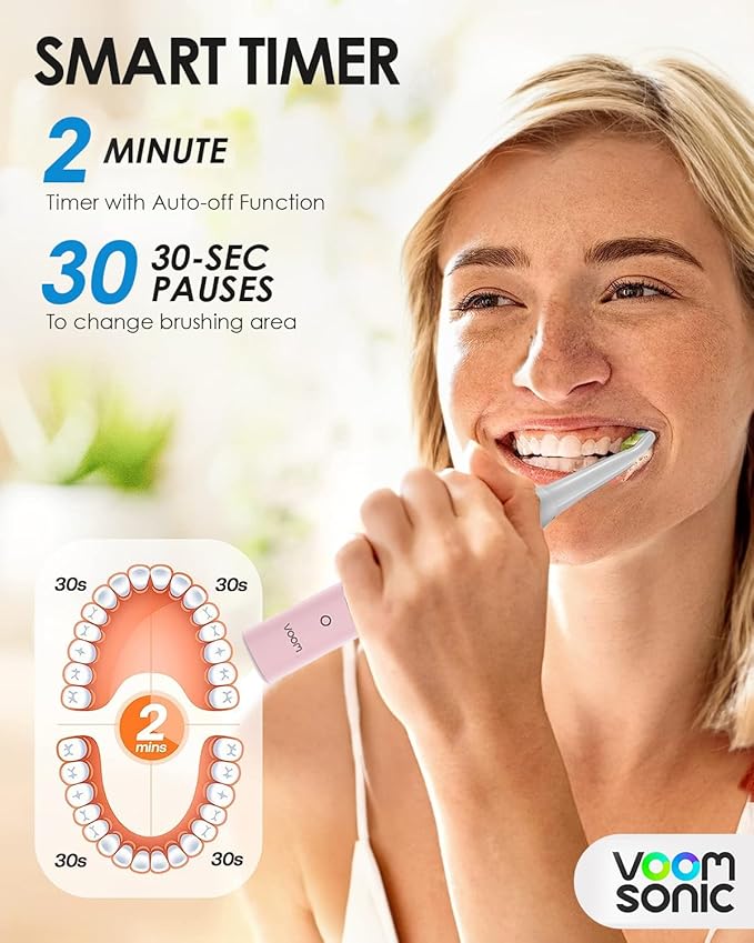 Voom Sonic Pro 7 Rechargeable Electronic Toothbrush + Pro 7 Series Replacement Brush Heads - 2-Minute Timer with Quadrant Pacing & 5 Adjustable Speeds,Soft Dupont Nylon Bristles Oral Care - Pink