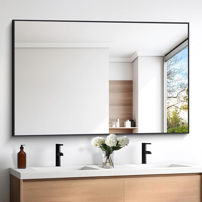 Black Bathroom Mirror for Wall, 60x40 Inch Rectangle Mirrors with Metal Frame, Modern Vanity Wall Mirror Decor for Entryway Hangs, Bathroom Living Room Horizontal or Vertical-StrideForce Fitness