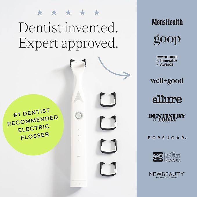 Slate Electric Flosser - Starter Set | 3-in-1 Dentist-Invented with Reusable Floss Heads, Gum Brushes & Tongue Scraper | More Effective Than String or Water Floss