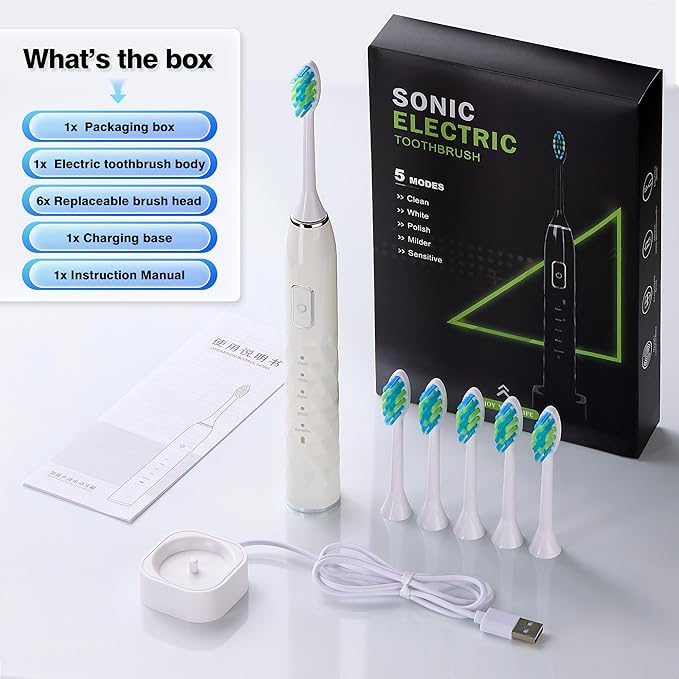 Sonic Electric Toothbrush for Adults - Deep Cleaning Teeth Whitening6 Replacement Brush Heads100-Day Battery5 Modes w/SensitiveIPX7 Waterproof (Color Options)