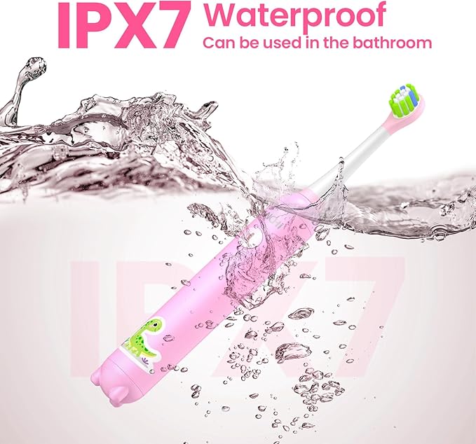 YUNCHI K5 Kids Electric Toothbrush Rechargeable with Waterproof Stickers, 3 Modes with 2 Minutes Timer, Toddler Children Sonic Toothbrush for Girls Ages 3-12, 4 Replacement Heads Soft Bristles, Pink