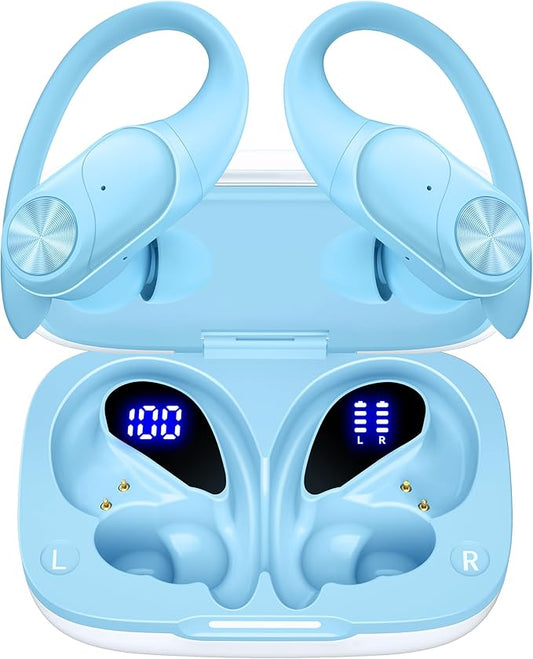 PocBuds Bluetooth Headphones Wireless Earbuds 80hrs Playtime Wireless Charging Case Digital Display Sports Ear Buds with Earhook Deep Bass IPX7 Waterproof Over-Ear Earphones for TV Phone Laptop Blue-StrideForce Fitness