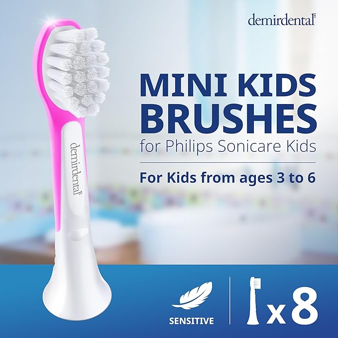 demirdental Kids Mini Toothbrush Heads Compatible with Philips Sonicare Compact Kids Toothbrush Heads - Replacement Heads Sensitive - Brush Heads from Ages 3 to 6 - Magenta - Replaces HX6038-8 Pack