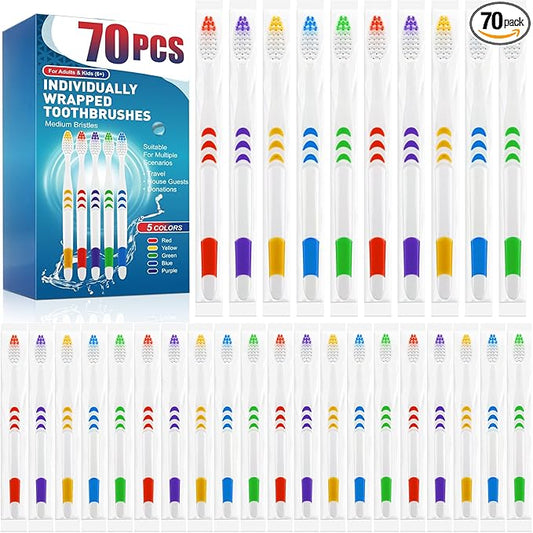 Navona 70 PCS Premium Individually Wrapped Bulk Toothbrush Pack, Disposable Toothbrushes, Kids Toothbrush, Medium Soft Bristle Toothbrushes, Ergonomics Handle, Perfect for Travel Hotel Donation