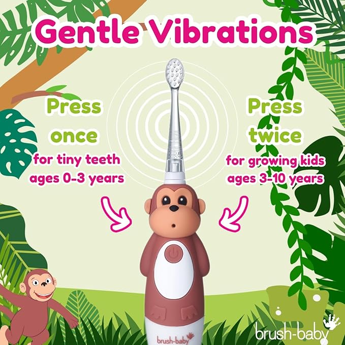 brush-baby WildOnes™ Rechargeable Kids Electric Toothbrush – Monkey | Flashing Lights, 2-Min Timer, Waterproof, 3 Brush Heads | Toddler & Child Toothbrush Ages 0-10 | Soft Bristles