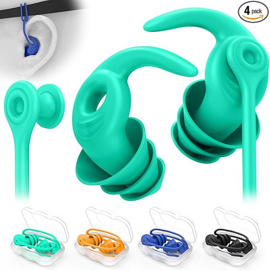 Swimming Ear Plugs for Adults, 4 Pairs Waterproof Reusable Silicone Swim Earplugs with Removable Cord, Perfect for Swimming, Showering, Surfing and Other Water Sports - Two Wearing Styles-StrideForce Fitness