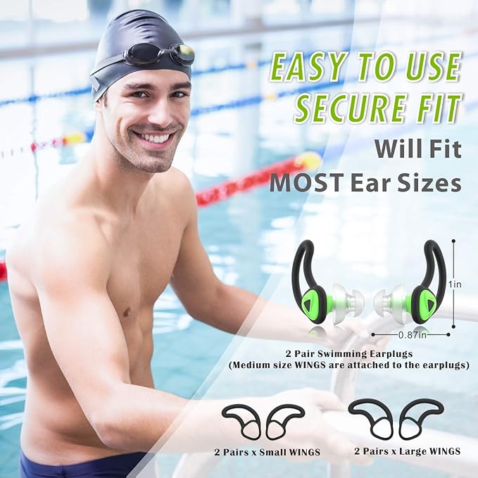 Hearprotek [2 Pairs] Ear Plugs for Swimming,Swim Ear Plugs Adults-Waterproof Silicone Water earplugs for Men Women Juniors Swimmers Pool Shower Bathing (Green)-StrideForce Fitness