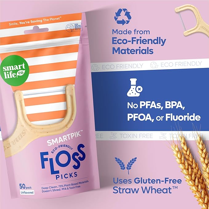 SmartLifeco Eco-Friendly Dental Floss Picks (300ct) - The Original Straw Wheat Flossers, Superior Anti-Shred Thread for Tight Gaps, Zero Waste Tooth Pick for Adults, Soft on Gum & Teeth, Unflavored