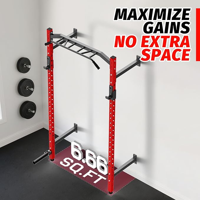 1600LB Wall Mounted Power Rack, Commercial Squat Rack for Home Gym with Multi-Grip Pull Up Bar, j-Cups & Landmine Attachment for Home and Garage Gym-StrideForce Fitness