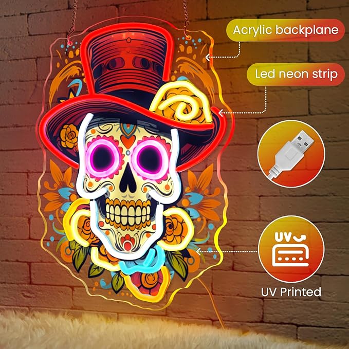 Day of the Dead Neon Sign - Mexican Sugar Skull LED Neon Light for Home & Bar Decor,UV Printed Art with Flexible LED Strip,Halloween & Día de Muertos Party Decoration (Red）-StrideForce Fitness