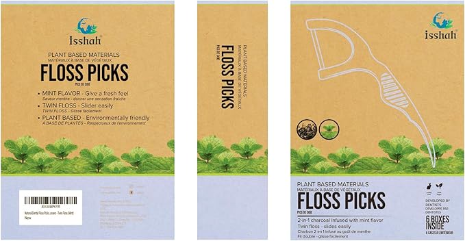 Natural Dental Floss Picks (300 Count) - Kraft Paper Box Packaging, Plant Based, PETA Approved Vegan, Eco Friendly, Sustainable Dental Flossers - Twin Floss (Mint)