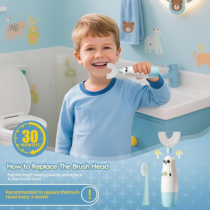 Kids U-Shaped Electric Toothbrush with 2 Brush Heads, Toddlers Sonic with 360 Degree Cleaning, Soft Bristles, Battery Included, IPX7 Waterproof, Cute cartoon for Girls and Boys, Ages 8-13 (Blue)