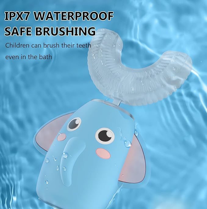 SNOWROSE Kids Electric Toothbrush U-Shaped Ultrasonic IPX7 Waterproof Design with 2 Brush Head 3 Modes, 360° Full Mouth Cleaning Automatic Children Toothbrush for 2-12 Years Old (Blue, 2-12 Age)
