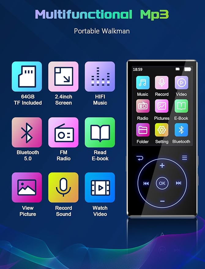 96GB MP3 Player with Bluetooth 5.0: Portable Lossless Sound Music Player with HD Speaker,2.4" Screen Voice Recorder,FM Radio,Touch Buttons,Support up to 64GB for Sport(Earphones&64GB TF Card Included)-StrideForce Fitness