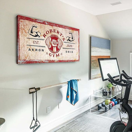 Tailored Canvases Personalized Gym Sign Wall Art Decor - Motivational Canvas for Home Gym, Workout Room, Garage, Fitness Center - Workout Inspirational Posters - One Hand Dumbbell on Rustic Red, 20x10in-StrideForce Fitness