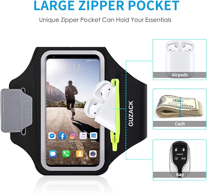 GUZACK Running Armband for iPhone 16 Pro 15 14 13 12 11 Pro Max/Plus/XR/XS, Galaxy S25/S24/S23/S22, with Card Slot & Key Pockets, Sports Arm Bands Cell Phone Holder Fit Up to 6.9 Inches Phone-StrideForce Fitness