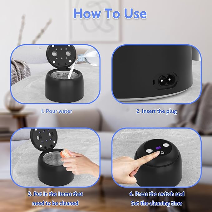 Upgraded Ultrasonic Retainer Cleaner Machine, 45kHz Dental Cleaning for Jewelry, Watch Strap, Night Guards, Toothbrush, Mouth Guards, Aligner, Braces,Denture Cleaners with Digital Timer, 200ML (Black)