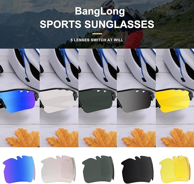 BangLong Polarized Sports Sunglasses Cycling Sun Glasses for Men Women with 5 Interchangeable Lenes for Running Baseball Golf-StrideForce Fitness