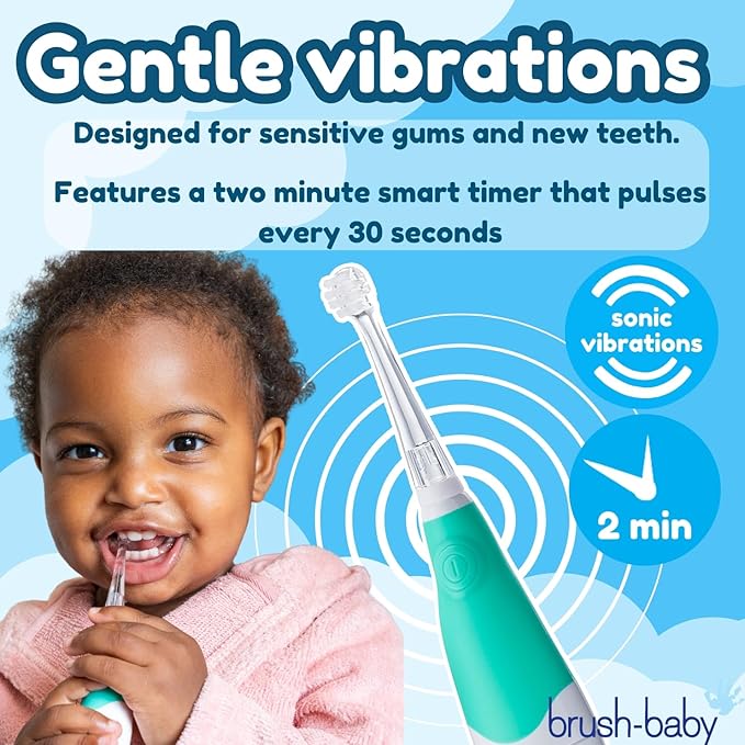 brush-baby BabySonic Infant and Toddler Electric Toothbrush for Ages 0-3 Years - Smart LED Timer and Gentle Vibration Provide a Fun Brushing Experience - Includes 2 Sensitive Brush Heads (Teal)