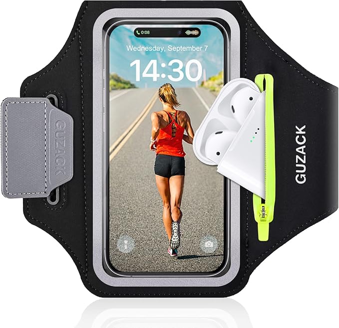 GUZACK Running Armband for iPhone 16 15 14 13 Pro Max, Galaxy S25 S24 S23 S22, with Card Slot & Key Pockets, Running Phone Holder, Fit Up to 6.9 Inches Phone - Size S (Smaller Arm 9-14 in)-StrideForce Fitness