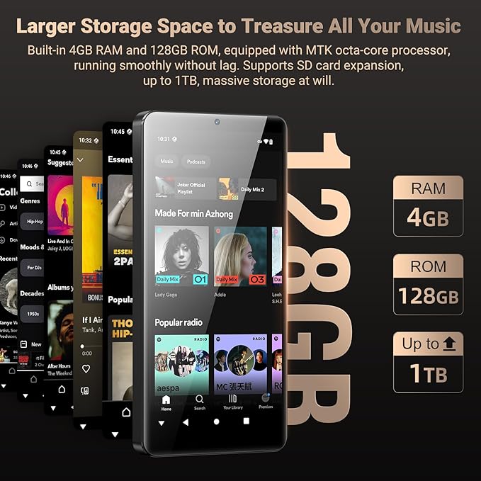 128GB MP3 Player with Bluetooth and WiFi, Android 13.0, 5.5" HD Touchscreen, 13MP Camera, Preloaded Spotify, Pandora, 1TB Expandable & Parental Controls Black-StrideForce Fitness