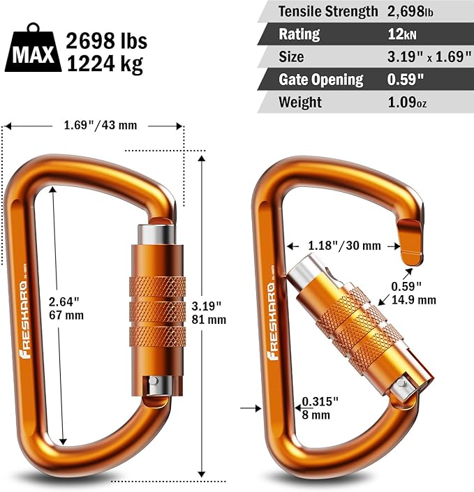 FresKaro 3inch 12kN-2698lbs Auto Locking Carabiner Clips, Solid D Shape, Heavy Duty 7075 Aluminum, Lightweight 1.09oz, Rust Proof, for Hammock, Hiking, Dog Leash, Keychain etc., Multi-Colors-StrideForce Fitness
