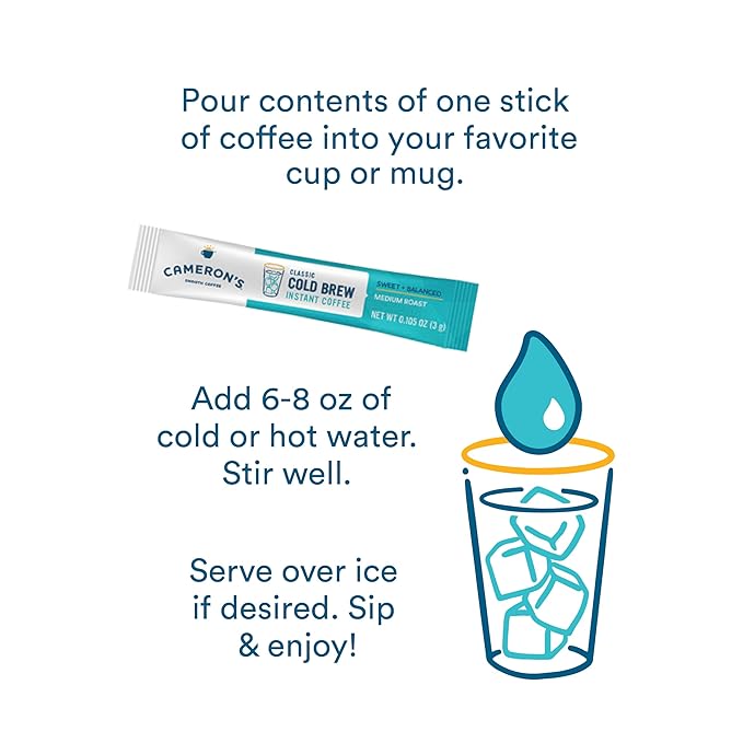 Cameron's Coffee Classic Cold Brew Instant Single Serve Sticks, Medium Roast , 100% Arabica , 128 Count-StrideForce Fitness