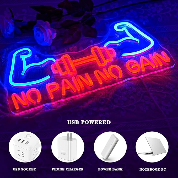 No Pain No Gain Neon Sign for Gym Decor Gym Neon Light Muscle Led Neon Sign Dumbbell LED Neon Light Weightlifting Neon Lights Fitness Club Neon Signs for Gym Fitness Club Store Decoration-StrideForce Fitness