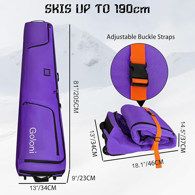 Goloni Ski Bag with Wheels,Padded Snowboard Bag for Air Travel,600D Waterproof Fabric,Foldable Snow Bag Fits 2 Pairs Skis-StrideForce Fitness