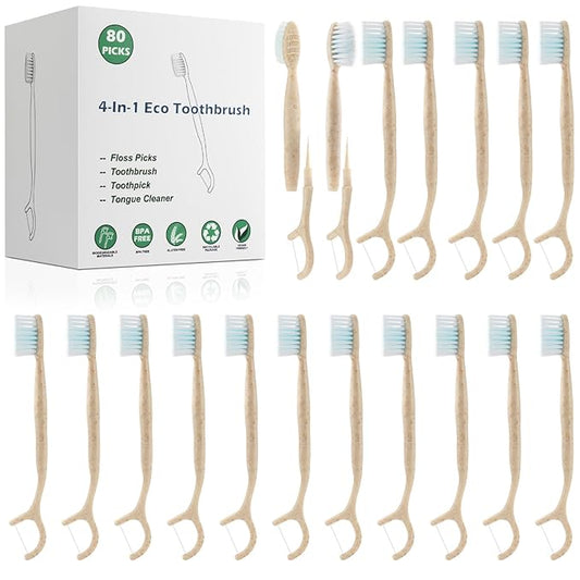 Travel Toothbrush Dental Floss Picks - 4 in 1 Biodegradable Disposable Toothbrushes with Tongue Scraper, Eco-Friendly Individually Wrapped Toothbrush for Adult Kids Travel Oral Care, 80 Pack