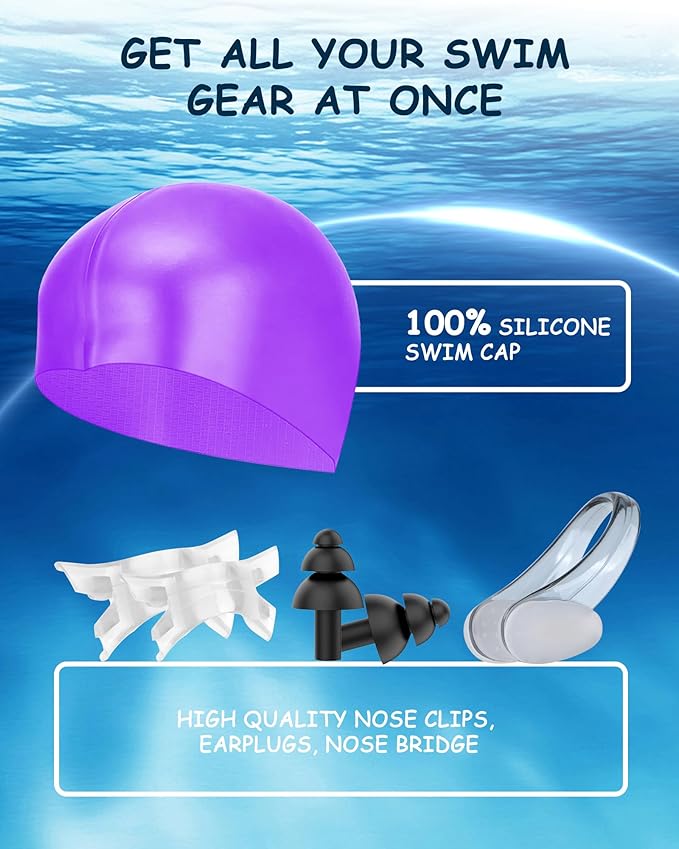 Kids Swim Goggles, Swimming Goggles for Kids Toddlers 3-14 with Swim Cap, Nose Clip, Nose Bridge, Ear Plugs-StrideForce Fitness