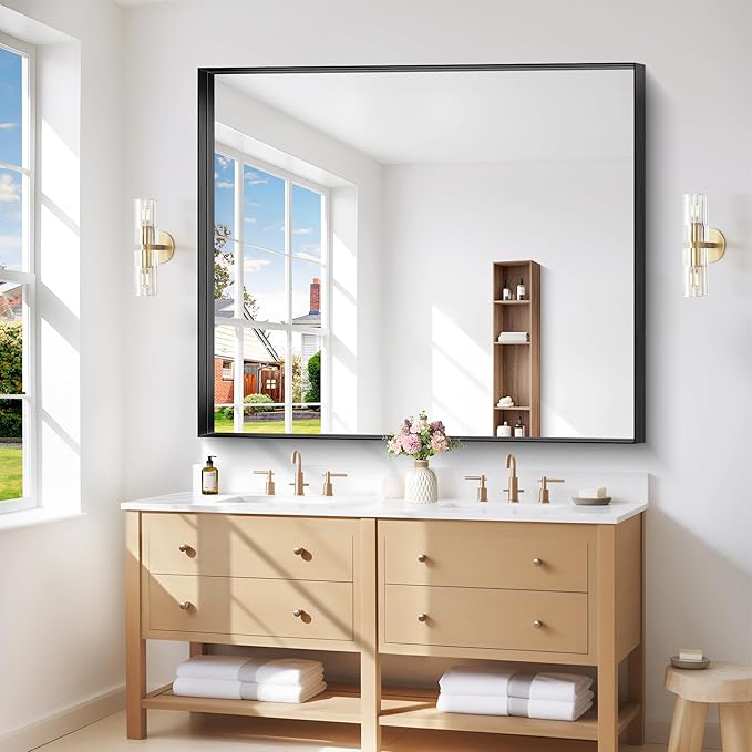 Black Bathroom Mirror, 40x48 Inch Rectangular Framed Mirror, Large Wall Mounted Bathroom Vanity Mirror Over Sink for Bedroom,Restroom, Living Room, Hangs Vertically or Horizontally-StrideForce Fitness