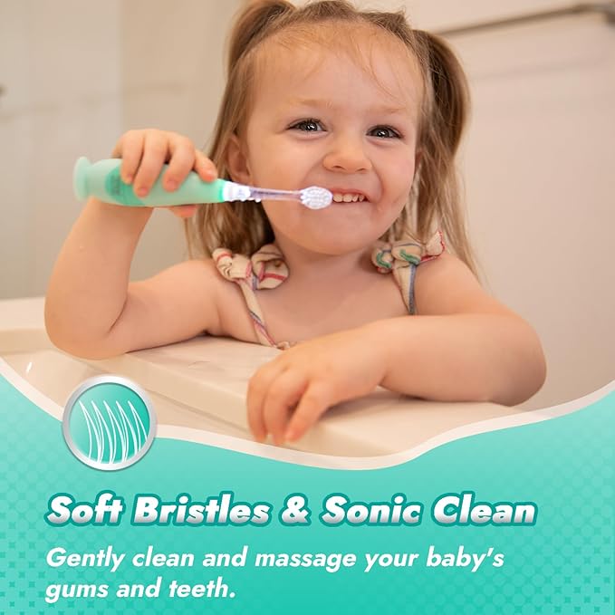 Papablic Toddler Sonic Electric Toothbrush Kids for Ages 1-3 Years, Baby Electric Toothbrush with Cute Dino Cover and Smart LED Timer, 4 Brush Heads (Jo)