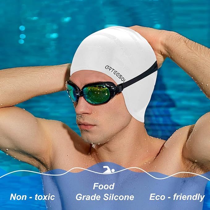 Swimming Cap, Silicone Swim Cap for Women Men, Durable Non-Slip Waterproof Swim Cap Protect Ears, Long Hair for Adults, Older Kids-StrideForce Fitness