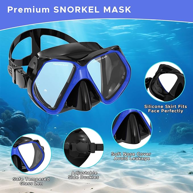 2 Pack Snorkeling Gear for Adults, Dry Snorkel, Mask Set Adult, Diving Scuba Mask, Scuba Gear, Swimming Goggles with Nose Cover, Swim Freediving Tempered Glass Panoramic View Travel Packages-StrideForce Fitness