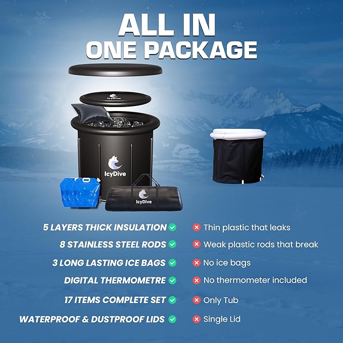 17-Piece XL Portable Ice Bath Tub for Adults -105 Gal 5-Layer Cold Plunge Tub with Water Chiller Included & Thermometer, Inflatable Ice Bath Tub w/ 400L Capacity, Athletes Indoor/Outdoor Recovery-StrideForce Fitness