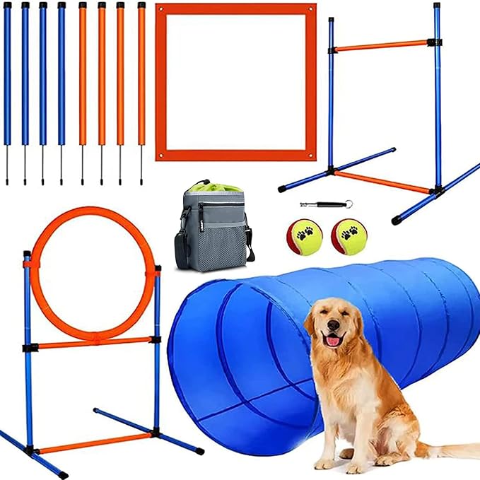Dog Agility Training Equipment, 60-Piece Dog Obstacle Course Training Starter Kit Pet Outdoor Game with Tunnel, Agility Hurdle, Weave Poles, Jump Ring, Pause Box, Toy Balls and Storage Bag-StrideForce Fitness