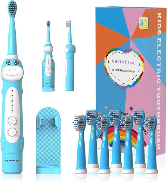 Dinosaur Toothbrush, Kids Sonic Electric Toothbrush for Children, Toddlers Boys Girls Age 3-12 with 30s Reminder, 2 Mins Timer, 5 Modes, 8 Brush Heads