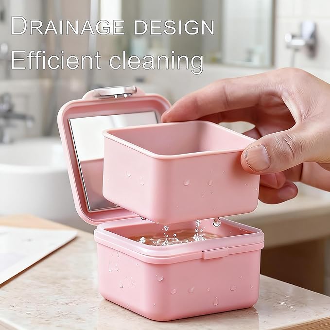 Denture Case Kit, Retainer Cleaning Case False Teeth, Retainer Cleaning Denture Bath Cup with Mirror Use in Denture Bridges, Denture Soaking Container, Traditional Braces for Travel （Pink）